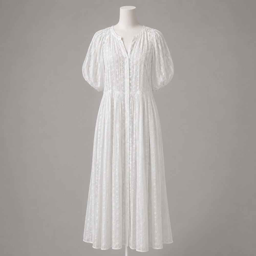 Roller Rabbit Jacquard White A-Line Button Front Maxi Dress Bridal Size Med